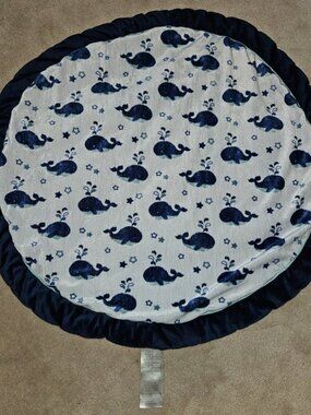 Burlington Blue White Whale Fleece Baby Play Mat Pad Tummy Time 35" Circle